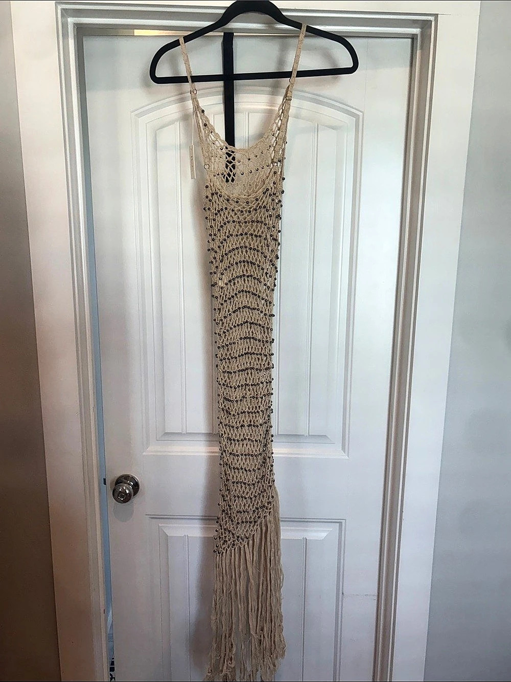 Free People Rare Crochet Beaded Fringe Maxi Dress XS – Ivory/Cream Boho